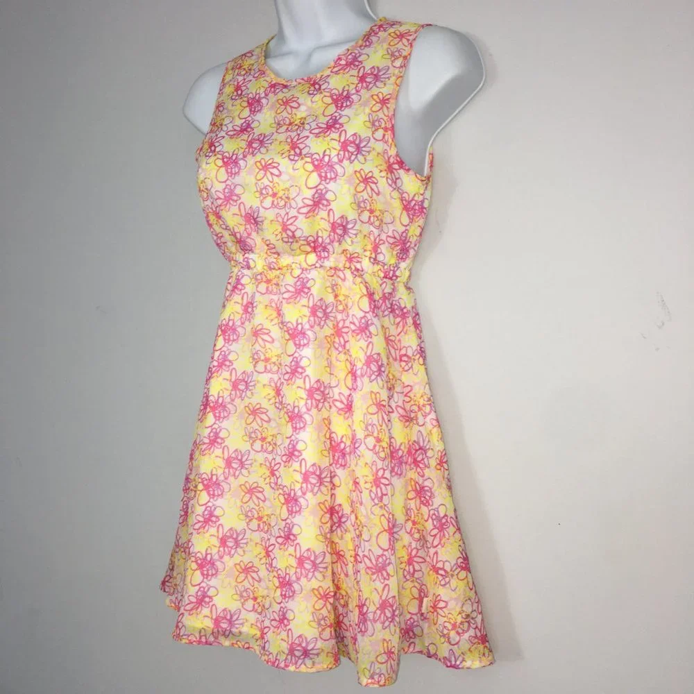DKNY Girls L Dress Multicolor Floral 100% Polyester Lightweight Lined Sundress - Picture 2 of 9